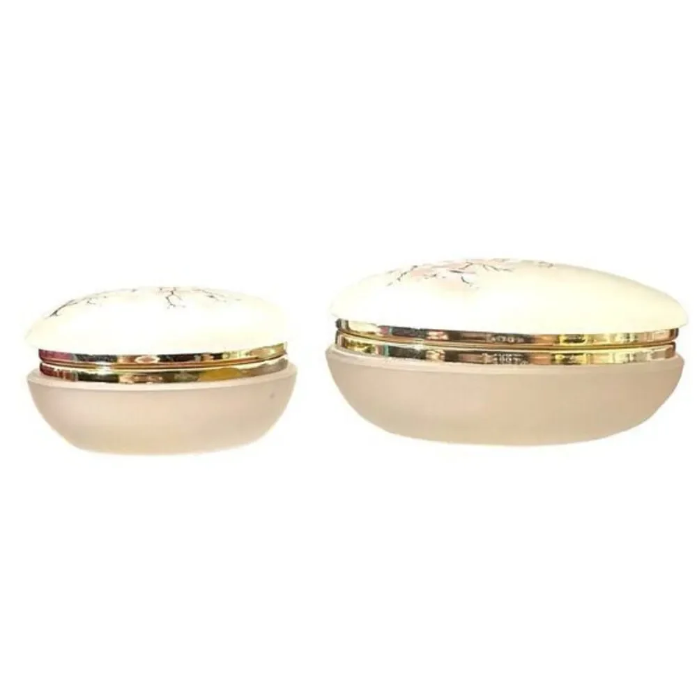 Cherry Blossom Trinket Box Set Satin‎ Glass Gold Tone Trim Hinged Top Vintage